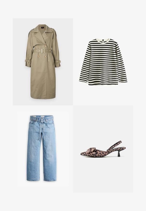 Maje GREENA khaki; Długą koszulka z bawełny z czarno-białymi poziomymi paskami, okrągłym dekoltem i miękką teksturą. Brak widocznych elementów metalowych lub akcentów.; Jasnoniebieskie dżinsy w szerokim kroju z wysokim stanem, z zapięciem na guziki i zamek oraz sznurkiem w talii. Zakończenie w surowym wykończeniu.; Sandały na obcasie z noskiem w kształcie szpica, wykonane z materiału w panterkę, z ozdobną kokardą, z niskim czarnym obcasem i gładką teksturą.