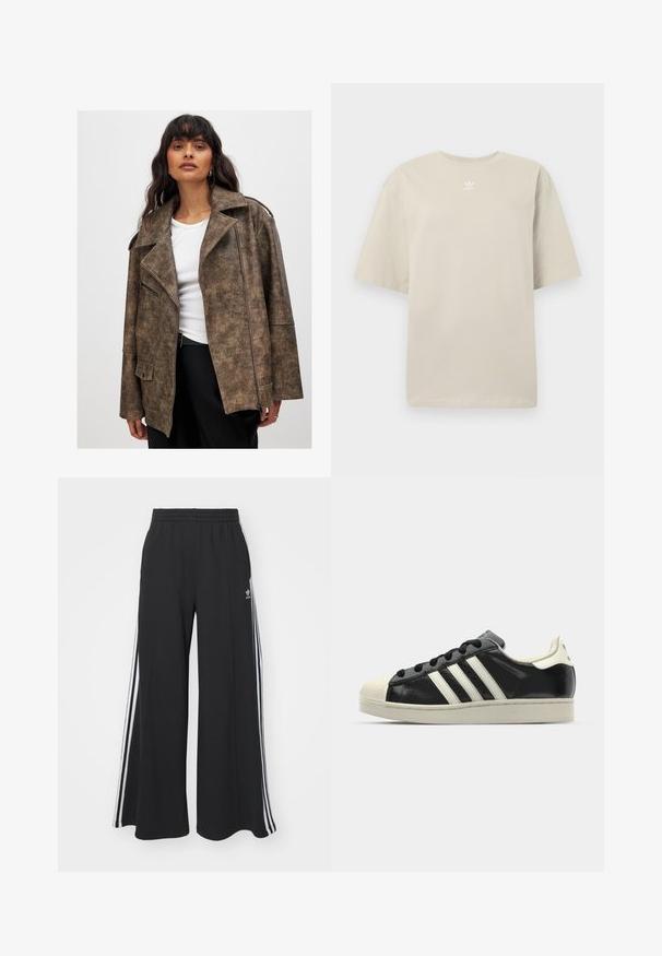 Burgundu mākslīgās ādas jaka ar iegrieztu apkakli, rāvējslēdzēja priekšpusi un sānu kabatām. Raksturīga teksturēta virsma un brīva piegriezuma forma.; Bēša īsroku kokvilnas T-krekls ar apaļu kaklu un mazu baltu Adidas logotipu uzdrukātu uz krūtīm. Mīksta tekstūra, brīvs piegriezums.; Melnas plašas sporta bikses ar elastīgu jostasvietu, kurām ir baltas sānu svītras un izšūts logo kreisajā augšstilbā.; Melna ādas sporta apava ar baltām svītrām, gumijas purngala aizsardzību, melnām auklām un krēma krāsas zoli. Gluda tekstūra ar spīdīgu apdari.