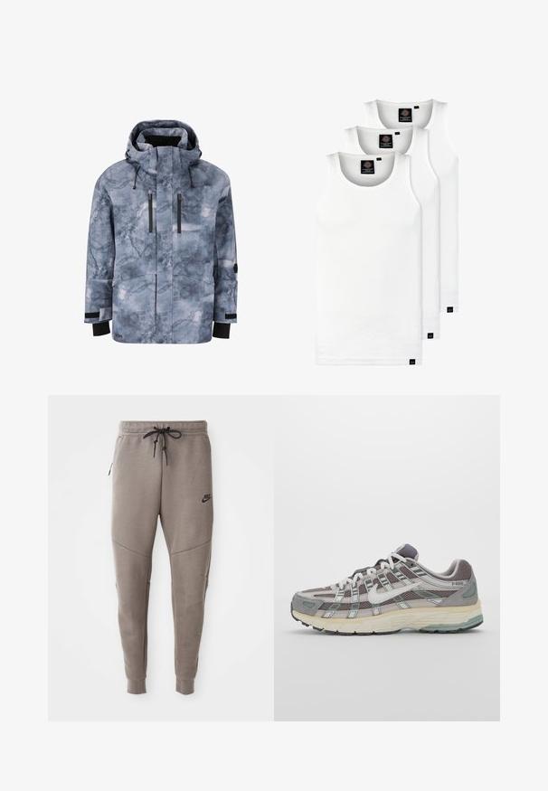 Miesten lumipuku siniharmaassa värissä, jossa on pilvimäinen kuvio. Takissa on huppu, kaksi etutaskua vetoketjulla ja mustia yksityiskohtia.; Kolme valkoista ribbitekstiilistä toppia, jotka on valmistettu puuvillasta. Ominaisuuksiin kuuluu pyöreä pääntie ja pieni musta etiketti helman lähellä. Saatavilla useissa kooissa.; Harmaat Nike-juoksuhousut, joissa on kiristysnyöri vyötäröllä, kapeat lahkeet, sivutaskut ja erottuva sauman yksityiskohtaisuus. Pehmeä, tekstuuri kangas.; Harmaa urheilukenkä, jossa on verkko- ja mokkanahkainen yläosa, valkoiset yksityiskohdat, pehmustettu pohja ja erottuva muotoilu heijastavilla elementeillä.