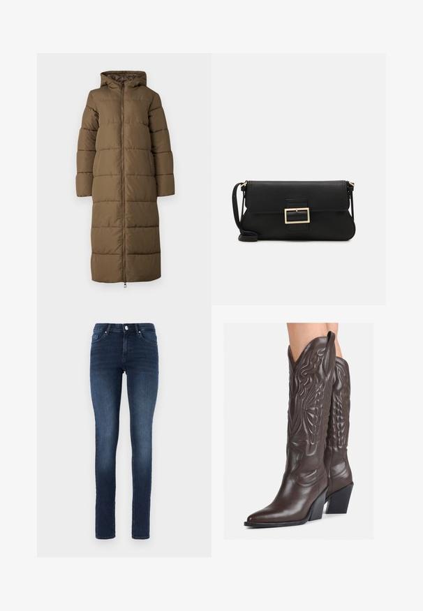 Garšs olīvu zaļš pūkains mētelis ar kapuci, ar rāvējslēdzēja aizdarēm, horizontālu šuvju rakstu un sānu kabatām. Gluda tekstūra un brīvs piegriezums.; Balta bezpiedurkņu topiņš no ribotā auduma, ar noapaļotu kakla izgriezumu un pieguļošu siluetu, ar minimālām šuvēm un bez rotājumiem.; Tumši zili skinny džinsi, izgatavoti no denima, ar klasisku piecu kabatu dizainu, pogu aizdari un nelielu izbalējumu uz augšstilbiem.; Brūni ādas kovboju zābaki ar norādītu purngalu un blokveida papēdi, ar detalizētu šūšanu un paceltiem akcentiem uz kājas daļas.; Melnas ādas saķeres soma ar atloku un zelta metāla sprādzi. Ietver melnu siksnu un elegantu, minimālistisku dizainu.