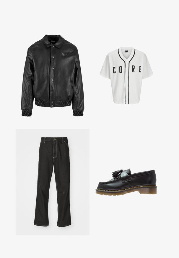 Giubbotto in pelle nera con collo a revers, bottoni a pressione, tasche laterali e orlo e polsini in maglia elasticizzata. Presenta un logo discreto.; Maglietta in stile baseball bianca con maniche corte, bottoni neri sul davanti e scritta "CORE" in nero in evidenza. Presenta rifiniture in nero lungo il colletto.; T-shirt bianco di cotone a maniche lunghe con collo a girocollo, caratterizzato da un piccolo logo giallo e borgogna sul lato sinistro del petto. Polsini e orlo senza cuciture.; Jeans in denim nero con una vestibilità ampia, caratterizzati da cuciture bianche a contrasto, chiusura a bottone e un design a gamba dritta.; Mocassini in pelle nera con finitura testurizzata, caratterizzati da un pon-pon decorativo e cuciture gialle a contrasto, su una suola spessa e trasparente.