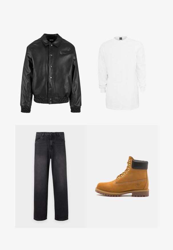 Črna usnjena jakna s ovratnikom, zapenjanjem na snemljive gumbe, stranskimi žepi ter elastičnim rebrastim robom in manšetami. Ponuja subtilen logotip.; Bela bombaža majica z dolgimi rokavi, okroglim izrezom, širokim krojem in rebrastimi manšetami. Enostaven dizajn, brez grafik ali vzorcev.; Temno sivi denim jeans s pravim krojem, ki vključujejo zadrgo, pet žepov in subtilne podrobnosti bledenja na tkanini.; Svetlo rjave anklne čizme iz semiša z črnim oblazinjenim ovratnikom, zlatimi kovinskimi očesci, belimi šivi in robustnim gumijastim podplatom s izrazitimi tredi.