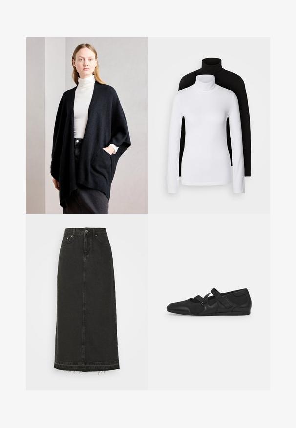 Anna Field Ogrinjalo - black; Dva dolge rokave turtleneck majice, ena bela in ena črna, izdelani iz gladkega, raztegljivega materiala, oba imata slim-fit kroj in visoke ovratnike.; Črna denim midi krila z oprijetim pasom, sprednjim gumbnim zapiranjem in razfrkanim robom. Ima klasičen dizajn s petimi žepi in rahlo teksturo.; Črne ravne čevlje z mehkimi, strukturiranimi zgornjimi deli, ki imajo dve nastavljivi zaponki in zaobljen oblikovan špic, nameščeni na ravnem gumijastem podplatu.