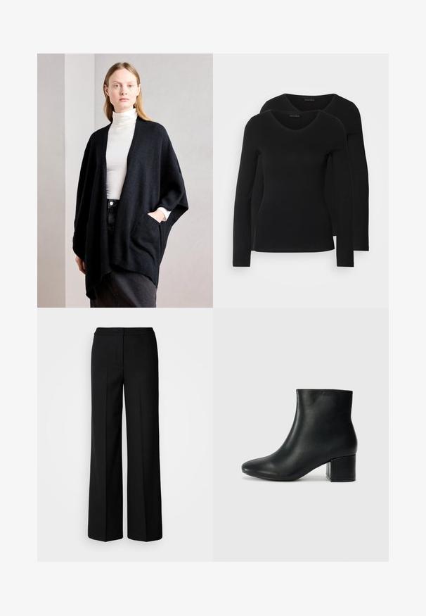 Anna Field Poncho - black; Två svarta långärmade tröjor med V-ringning, tillverkade av mjukt, stretchy tyg, som visar en slät textur och en figursydd form.; Svarta vida byxor med ett mjukt tyg, med hög midja, skräddarsydda sömmar och en minimalistisk design. Inga synliga detaljer eller fickor.; Svarta läderankelstövlar med spetsig tå och kraftig klack. Slät textur med minimala accenter och en stilren, åtsittande design.