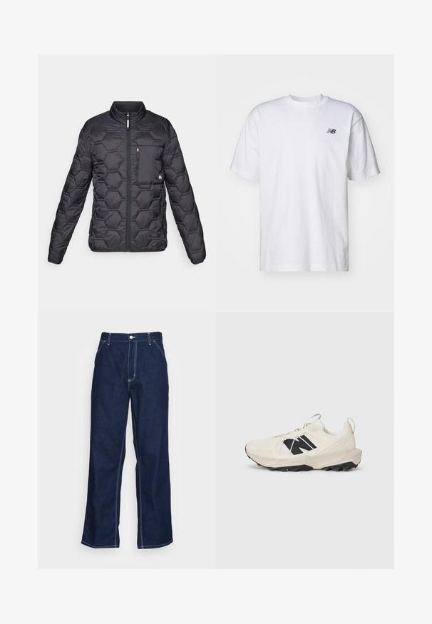 Zwarte gewatteerde jas met hexagonaal stikpatroon, staande kraag, rits aan de voorkant en een ritszak op de borst met merklogo patch.; Witte korte mouwen crew neck T-shirt met klein zwart New Balance-logo op de linkerkant van de borst tegen een effen achtergrond.; Donkerblauwe denim broeken met wijde pijpen, met een hoge taille, voorzakken en contrasterende witte stiksels langs de naden.; Lichtbeige sneaker met een bovenwerk van mesh, zwart logo en een getextureerde zool. Geaccentueerd met een geometrisch patroon op de tussenzool.