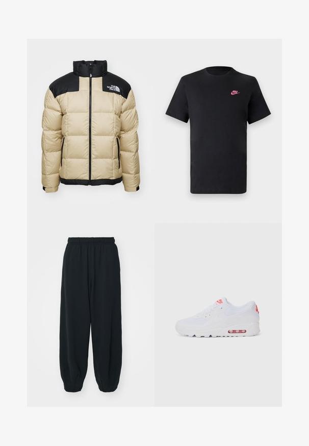 The North Face M LHOTSE JACKET - EU - Casaco de penas - gravel; T-shirt de algodão preto com decote redondo e mangas curtas. Apresenta um logótipo da Nike rosa no lado superior esquerdo. Textura suave.; Calças de fato de treino pretas, com cintura elástica e um corte solto, com punhos nas pernas, textura suave e sem padrões visíveis ou detalhes de metal.; Sapatilha atlética branca com parte superior lisa, fecho de atar, sola almofadada e uma unidade de ar visível com detalhes em vermelho na marca.