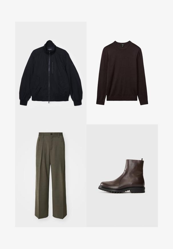 Melna bomberjaka ar augstu apkakli, ar rāvējslēdzēju, elastīgām aprocēm, divām priekšējām kabatām un mazu rāvējslēdzēja kabatu uz krūtīm. Gluda auduma.; Reiss Džemperis - dark bordeaux; Filippa K WIDE TROUSERS - Auduma bikses - driftwood; Brūnas ādas potītes zābaki ar gludu tekstūru, elastīgām sānu paneļiem, cilpu aizmugurē un izturīgu gumijas zoli.