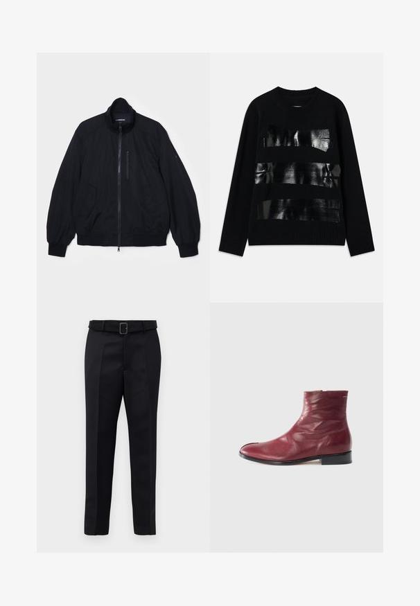 Black bomber jacket with a high collar, zip closure, elastic cuffs, two front pockets, and a small zip pocket on the chest. Smooth fabric.; Black sweater with a textured knit, featuring three glossy black tape-like stripes across the front. Ribbed cuffs and neckline.; Black tailored trousers feature a smooth fabric, straight cut, and a belted waist with a rectangular buckle. Notable front creases enhance the design.; Burgundy leather ankle boot with a smooth texture, side zipper, rounded toe, and low black heel, featuring subtle creases and minimal stitching.