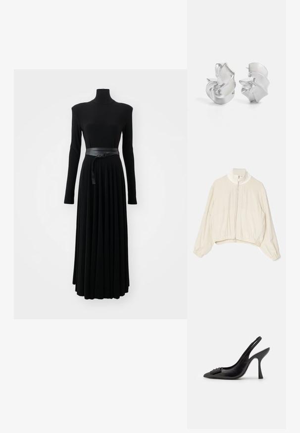 Hellbeige, kurz geschnittene Jacke mit hohem Kragen, durchgehendem Reißverschluss, elastischen Bündchen und gerafftem Saum; glattes, weiches Material mit minimalen Details.; Norma Kamali SHOULDER PAD TURTLE FLARED DRESS TO MIDCALF - Jerseykleid - black; Schwarzer Leder-Slingback-Schuh mit spitzem Zehenbereich, schlankem High Heel und dekorativem Schleifenakzent. Glatte Textur und elegantes Design.; Silberne metallische Schultertasche mit glatter Textur, geschwungenem Design, Kettenriemen und einer glänzenden Vorderseite mit einer dezenten Logo-Gravur.; Silberohrringe mit einem fließenden, spiralförmigen Design. Glatte Textur mit polierter Oberfläche. Verfügt über einen subtilen Glanz und keine sichtbaren Verzierungen.