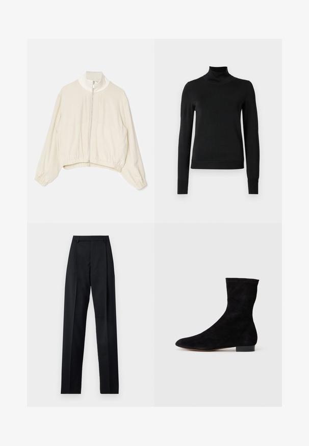 Lys beige cropped jakke med høj krave, fuld lynlås foran, elastiske manchetter og rynket kant; glat, blødt stof med minimal detaljer.; Sort langærmet turtleneck sweater med ribbede manchetter og kant, vist på en simpel hvid baggrund.; Sorte bukser lavet af glat stof, der har høj talje, brede ben, frontfolder og klassiske bælteløkker. Ingen synlige sidelommer.; Sorte suedestøvler til anklerne med en tætsiddende skaft, spids tå og lav blokhæl. Glat tekstur og minimalistisk design, velegnet til alsidig styling.