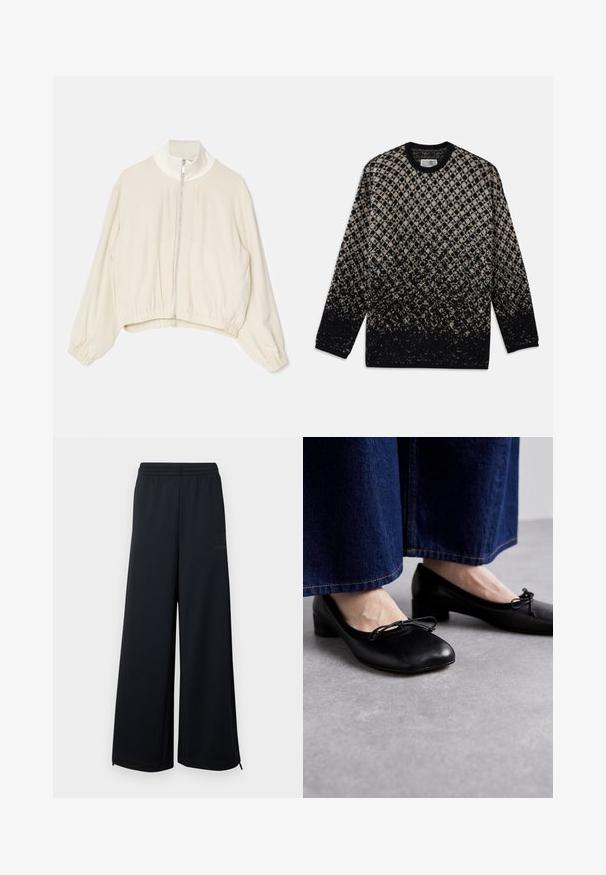 Šviesiai smėlinė trumpa striukė su aukštu apykakle, pilnu priekiu užtrauktuku, elastingomis rankogaliais ir surinktu apatiniu kraštu; lygus, minkštas audinys su minimaliais detalėmis.; Megztinis su deimanto raštu smėlinės ir juodos spalvos, su laipsnišku spalvų perėjimu. Apvalia iškirpte ir ilgomis rankovėmis. Minkšta tekstūra.; Juodos plačios džinsinės kelnės iš tinklinės medžiagos su elastiniu juosmeniu ir mažomis zip užtrauktukų detalėmis padu gale, parodytos prieš baltą foną.; Juodi odiniai batai su kvadratiniu galiuku ir mažu kulnu, papuošti dekoratyvine kaspinu priekyje. Dėvimi su tamsiomis džinsinėmis kelnėmis.