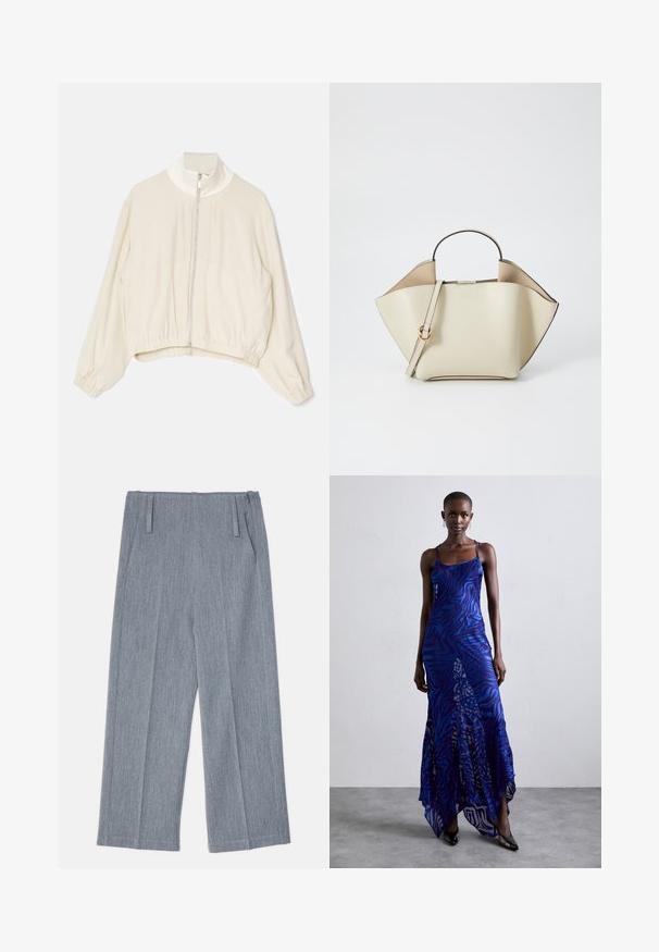 Gai beigu krāsas īsā jakā ar augstu apkakli, pilnu priekšējo rāvējslēdzēju, elastīgām piedurknēm un savārstītu apakšmalu; gluda, mīksta auduma ar minimālu apdari.; Balta, garām piedurknēm, ar pogām aizpogājama krekla no gludas kokvilnas šķiedras. Tam ir klasiskā apkakle, priekšējā aizpogājamā daļa un noapaļotas aproces.; Gai pelēki, platā kāju bikses, kas izgatavotas no teksturēta auduma, ar diviem priekšējiem krokām un divām sānu kabatām. Tīrs, šūts dizains.; Zila un violeta dzīvnieku raksta maxi kleita ar plāniem plecu siksnām, pieguļošu augumu, izplestu apakšdaļu un caurspīdīgu dekoratīvo kārtu.; Ree Projects ANN - Rokassoma - beige