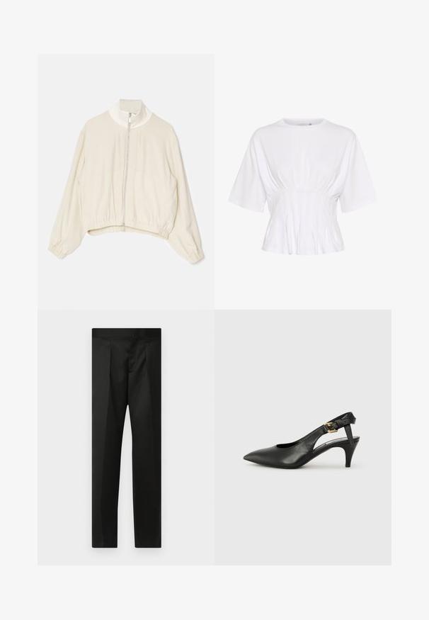 Lichtbeige cropped jack met een hoge kraag, volledige ritssluiting aan de voorkant, elastische manchetten en een gathered zoom; gladde, zachte stof met minimale details.; Witte top met korte mouwen van zachte stof, voorzien van een ronde halslijn en geplooide details bij de taille voor een getailleerde look.; Zwarte broek van soepele stof, met een nauwsluitend ontwerp, rechte benen en een platte tailleband zonder zichtbare sluitingen of zakken.; Zwarte leren slingback pump met een puntige neus, kleine hak en een gesp detail op de enkelband. Glad textuur, minimalistisch ontwerp.