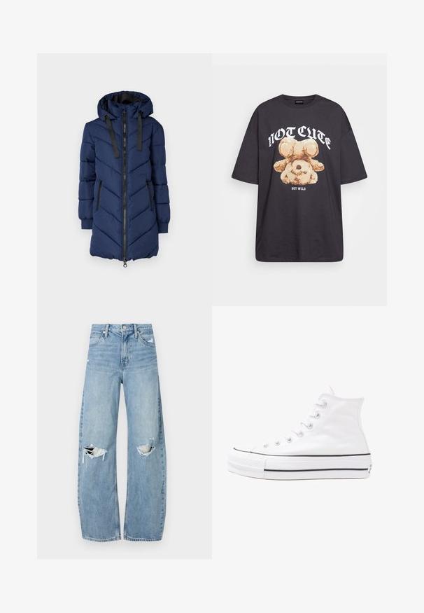 Tamsiai mėlynas pūkinis paltas su zigzagu, priekyje su užtrauktuku, dviem šoninėmis kišenėmis ir gaubtu su virvele. Yra užpildyta medžiaga ir elastingos rankovės.; Juodas per didelis marškinėliai su bearo grafika ir tekstu "NE SIAUBINGA, BET NERAMUS" bold baltomis raidėmis. Pagaminta iš medvilnės.; Šviesiai mėlynos, aukštu juosmeniu džinsai pagaminti iš džinsinio audinio. Turi plačias kojų kelnes, dvi suplėšytas kelio vietas ir klasikinį penkių kišenių dizainą.; Balti aukštakulniai drobės sportbačiai su juodu guminio pado, priekinio guminio piršto dangteliu ir šešiais akytėmis raištams, pasižymintys švariu, minimalistiniu dizainu.