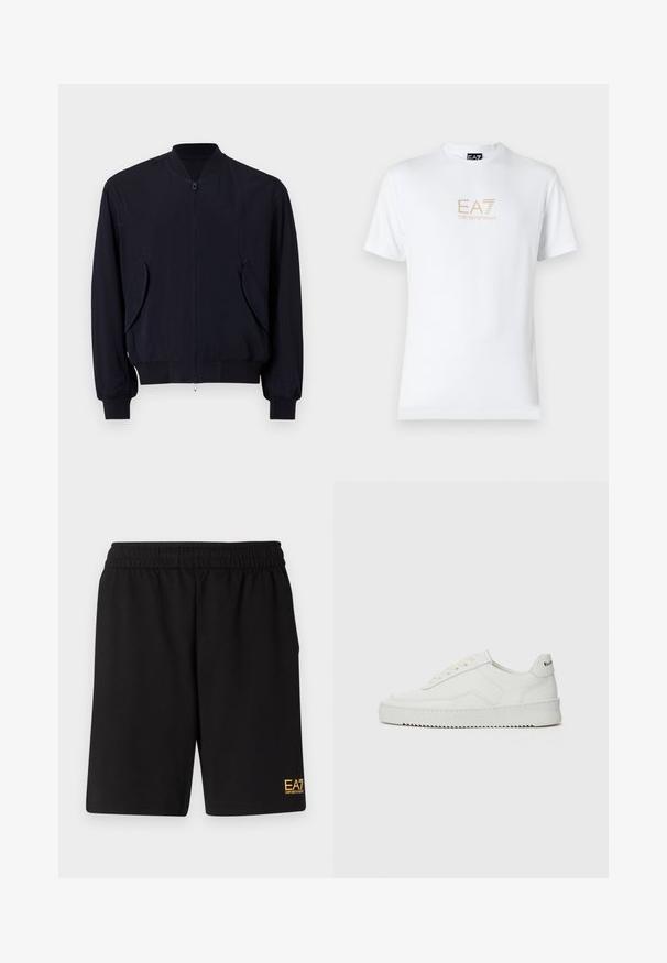 Mornarska bomberska jakna z zadrgo spredaj, rebrastimi manšetami in robom, ki ima kotno žepno odprtino in gladko, lahko tkanino.; Bela bombažna majica s krožnim izrezom in kratkimi rokavi, s pozlačenim logotipom EA7 Emporio Armani natisnjenim spredaj.; Črne športne kratke hlače iz mehkega blaga, z elastičnim pasom in majhnim rumenim logotipom EA7 na spodnjem levem delu noge.; Bela usnjena športna obutev z gladko površino, okroglo prst, ravne vezalke in teksturiran podplat. Ima diskretno logo na peti.