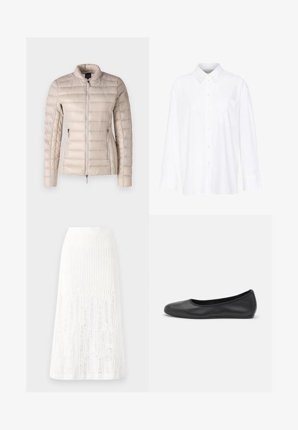 Armani Exchange JACKET - Μπουφάν με πούπουλα - pisco; Λευκή μακρυμάνικη πουκάμισο με γιακά, κατασκευασμένη από βαμβάκι. Διαθέτει κουμπιά μπροστά και μία τσέπη στο στήθος. Απαλή υφή, χαλαρή εφαρμογή.; Πλεκτή λευκή μίντι φούστα με υφή που διαθέτει κάθετες γραμμές και κοψίματα κοντά στο στρίφωμα. Ελαστική μέση. Μαλακό υλικό.; Μαύρο δερμάτινο μπαλαρίνι με στρογγυλή μύτη, λεία υφή, ελάχιστες λεπτομέρειες ραφής και σχεδίαση ευέλικτης σόλας.