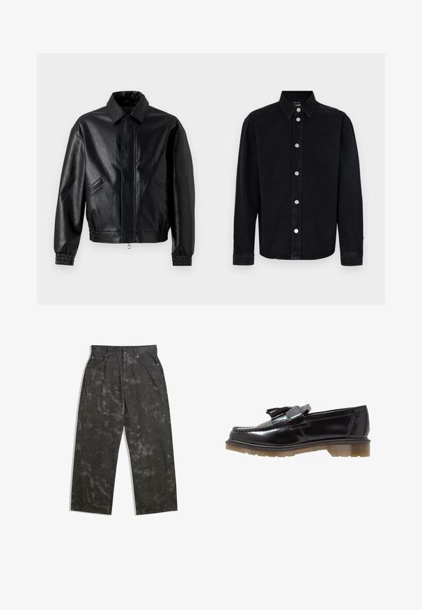 Schwarze Lederjacke mit kragenförmigem Halsauschnitt, Reißverschluss, elastischen Bündchen und Seitentaschen. Glatte Textur mit subtiler Glanz.; Schwarzes Jeanshemd mit langen Ärmeln, abknöpfbarem Kragen und silbernen Beschlägen. Verfügt über einen geraden Schnitt und eine schlichte Textur.; Dunkelgraue Jeanshose mit lockerer Passform, die dezente melierte Muster und metallische Details aufweist. Fünf-Taschen-Design.; Schwarze lackierte Lederloafers mit geflochtenem Design, Quastenakzent und einer klobigen, strukturierten Gummisohle. Die Seitenansicht zeigt die schlanke Silhouette.