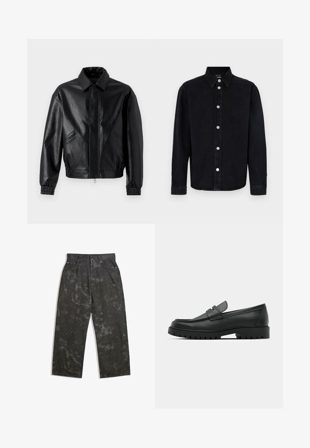 Fekete bőrkabát, galléros nyakkivágással, cipzáras záródással, rugalmas mandzsettákkal és oldalsó zsebekkel. Simább textúra, visszafogott fényességgel.; Fekete farmering hosszú ujjú, gombos gallérral és ezüstszínű kiegészítőkkel. Egyenes szabású és sima textúrával rendelkezik.; Sötétszürke farmernadrág, laza fazonnal, finom márványozott mintákkal és fém kiegészítőkkel. Öt zsebes design.; Fekete bőr loafer cipők kerek orral, varrott mintázattal, alacsony platformtalpú és texturált, barázdált gumitalppal.