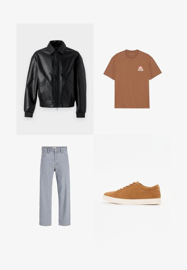 Svart skinnjakke med kragehals, glidelås foran, elastiske mansjetter og sidelommer. Glatt tekstur med subtil glans.; Brun kortermet T-skjorte laget av bomull, med et rosa solgrafikk og "SOLAR" tekst på venstre bryst. Rund halsdesign.; Lyseblå denimbukser med avslappet passform, rett ben-design, synlige sømmer, to frontlommer og knappelukking.; Brune semskede sneakers med lavtopdesign, hvid gummi sål og rund tå. Har matchende snørebånd og minimal branding på hælen.