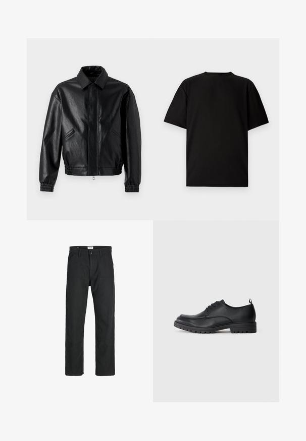 Chaqueta de cuero negra con cuello con solapa, cierre de cremallera, puños elásticos y bolsillos laterales. Textura suave con un ligero brillo.; Camiseta negra de manga corta hecha de tela acanalada. Presenta un cuello redondo y un corte relajado con una textura suave. Vista trasera únicamente.; Pantalones negros de tela duradera, con un diseño de pierna recta, detalles cosidos y dos bolsillos frontales para mayor funcionalidad.; Zapato de vestir de cuero negro con textura suave, puntera redondeada, cordones delanteros y suela de goma resistente con un patrón de relieve.