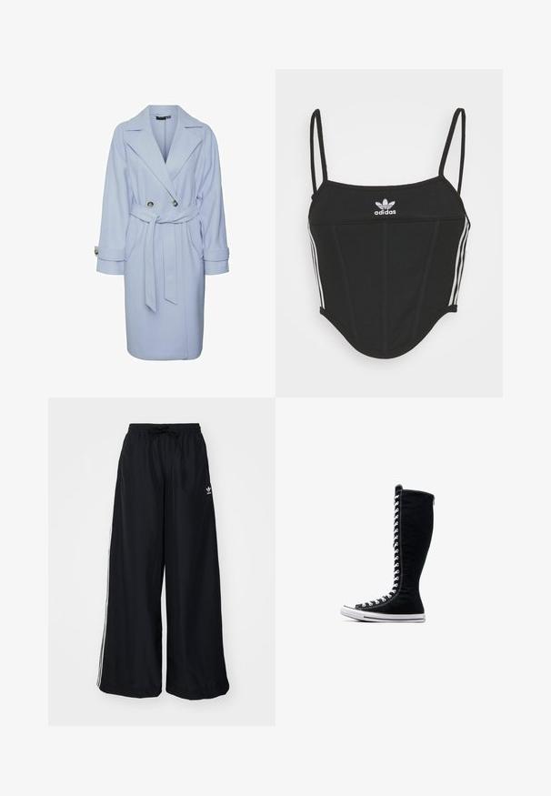 Svetlo moder volnen plašč z dvojnim zapenjanjem, širokim ovratnikom in pasom na vezanje. Ima velike gumbe in zavite manšete.; Črn rebrast top s kratkimi rokavi in nastavljivimi tankimi naramnicami, ki ima tri bele črte na straneh in majhen bel Adidasov logotip na sredini.; Črne široke hlače iz lahkega blaga. Imajo elastičen pas z vrvico in bele stranske črte. Logotip blagovne znamke na boku.; Črne visoke superge z visokim dizajnom, narejene iz platna. Imajo bele vezalke, šivanje in gumijast podplat z zaščito za prste.