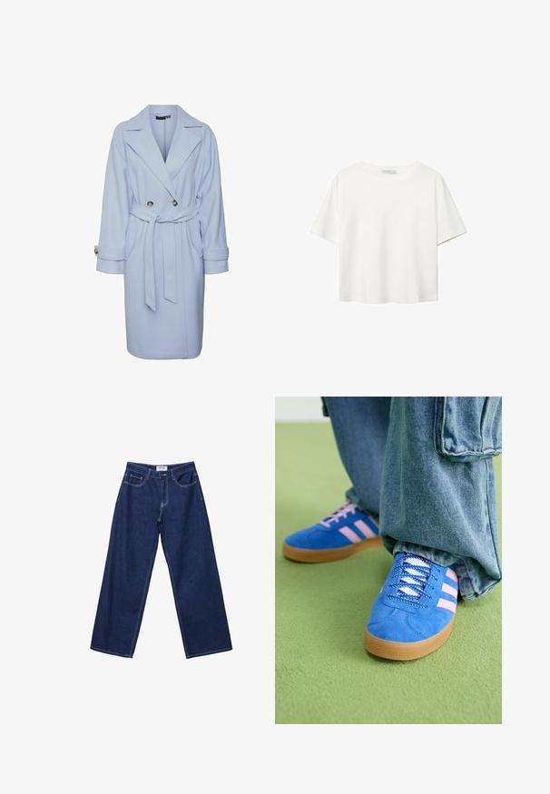 Svijetloplavi vuneni kaput s dvostrukim kopčanjem sprijeda, širokim ovratnikom i remenom. Ima velike gumbe i prevrnute rukave.; Bijela majica kratkih rukava od pamuka. Ima okrugli izrez i opušteni kroj. Glatka tekstura bez vidljivih uzoraka ili naglasaka.; Široke tamnoplave traperice s dugmadi, pet džepova i kontrastnim bijelim šavovima. Tkanina ima glatku, lagano teksturiranu površinu.; Plave zamšne cipele s ružičastim prugama i bijelim vezicama, s gumenim potplatom, u kombinaciji s širokim trapericama na zelenoj podlozi.