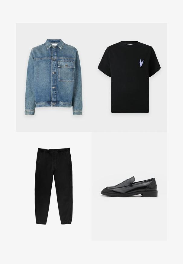 Jeansjacka i ljusblått, med knäppning framtill, två fickor, krage och sömmar med stickningar längs sömmar och ärmslut.; Svart bomullst-shirt med korta ärmar, med en liten lila grafisk detalj på vänster bröstområde. Enkel, fyrkantig design.; Svarta byxor med elastisk midja och dragsko, avsmalnande ben, sidofickor och subtila sidsömsdetaljer. Mjuk bomullstyg.; Svarta läderloafers med en slät finish, med rund tå och en smal rem över framsidan. Låg klack.