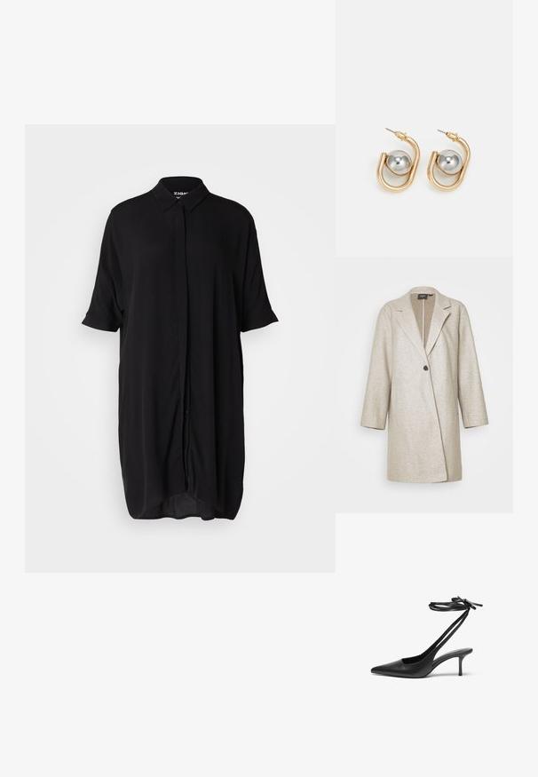 Beež villasegu mantel, millel on lõigatud krae, ühe nööbi sulgemine ja alandatud õlad. Omab siledat tekstuuri ja küljetaskuid.; Mustmust musta särgis kleit, millel on lühikesed varrukad ja kerge kangas. Omab kraed, nööpide eesosa ja avarat, pikemat siluetti.; Must musta stiletto kingad terava ninaga, avatud seljaosa ja pahkluu rihmadega, mis on seotud kaareks. Kitsa 3-tollise kontsaga. Sile tekstuur, minimalistlik disain.; Mustast nahast õlakott, mis omab siledat tekstuuri, ristküliku kuju ning esiküljel metallketi detaili. Reguleeritav rihm on kaasas.; Kuldtooniga kõrvarõngad, millel on kaarekujuline, rõngast meenutav disain ja silmapaistev hõbedane sfääriline aksent. Poleeritud metalli viimistlus, tagumise kinnitusega.