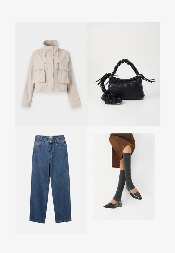 Cropped beige jacket made from lightweight fabric, features a stand collar, adjustable drawstring, and two large flap pockets on the front.; Soft knit sweater with horizontal fuzzy stripes in shades of pink, purple, and light gray, featuring a round neckline and long sleeves.; Classic blue denim jeans with a straight-leg design, five pockets, and a button closure. Features a medium wash and sturdy texture.; Black patent leather pointed-toe shoes with a block heel and ankle strap, paired with gray ribbed leg warmers and a brown suede skirt.; Black faux leather handbag with a crocodile texture, cinched top, and a scrunched strap. Appears soft and compact in design.