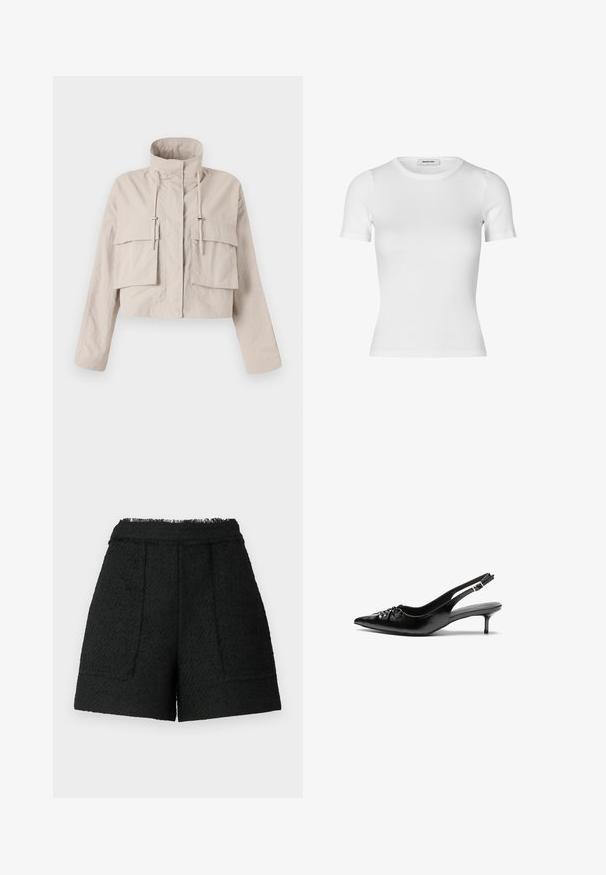 Beige Jacke in Cropped-Form aus leichtem Stoff, mit Stehkragen, verstellbarem Kordelzug und zwei großen Klappentaschen auf der Vorderseite.; Weißes T-Shirt mit kurzen Ärmeln aus geripptem Baumwollstoff. Figurbetontes Design mit runder Ausschnitt und glatter Textur. Keine Muster oder Verzierungen.; Schwarze Shorts aus strukturiertem Stoff mit fransigem Saum, ausgestattet mit zwei Fronttaschen und einem maßgeschneiderten Schnitt.; Schwarze Leder-Slingback-Absätze mit einer spitzen Zehenform, kleinen Kitten-Absätzen und einem dekorativen Knoten-Detail auf der Vorderseite. Glatte Textur über die gesamte Fläche.