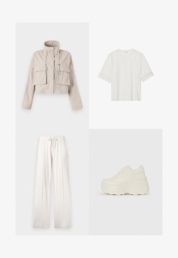 Beige Jacke in Cropped-Form aus leichtem Stoff, mit Stehkragen, verstellbarem Kordelzug und zwei großen Klappentaschen auf der Vorderseite.; Weißes T-Shirt mit kurzen Ärmeln aus Baumwolle, mit dekorativem Spitzenbesatz entlang der Ärmel und einem runden Ausschnitt.; Hellbeige Sweatpants aus weichem Stoff, mit einem Kordelzugbund, weitem Bein und vertikalen Nähten, mit einer glatten Textur.; Weiße Platform Sneakers mit einem glatten, lederähnlichen Obermaterial, abgerundeter Form, gepolstertem Kragen und strukturierten Gummisohlen mit ausgeprägten Stollen.