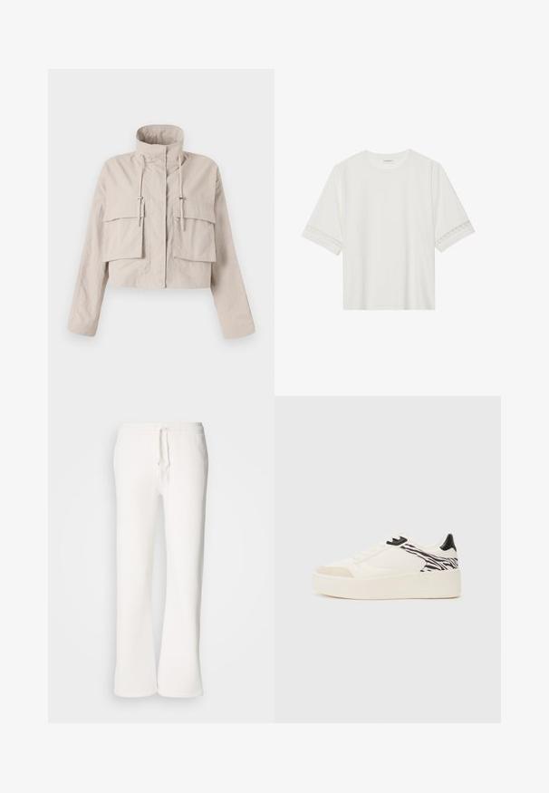 Giacca beige accorciata realizzata in tessuto leggero, con colletto rialzato, regolazione con coulisse e due ampie tasche a filetto sul davanti.; T-shirt bianco a maniche corte in cotone, con bordi in pizzo decorativi lungo le maniche e scollo rotondo.; Pantaloni della tuta bianchi, a vestibilità ampia, realizzati in tessuto morbido, con vita elastica dotata di laccetto e design a gamba dritta.; Even&Odd Sneakers basse - white/black