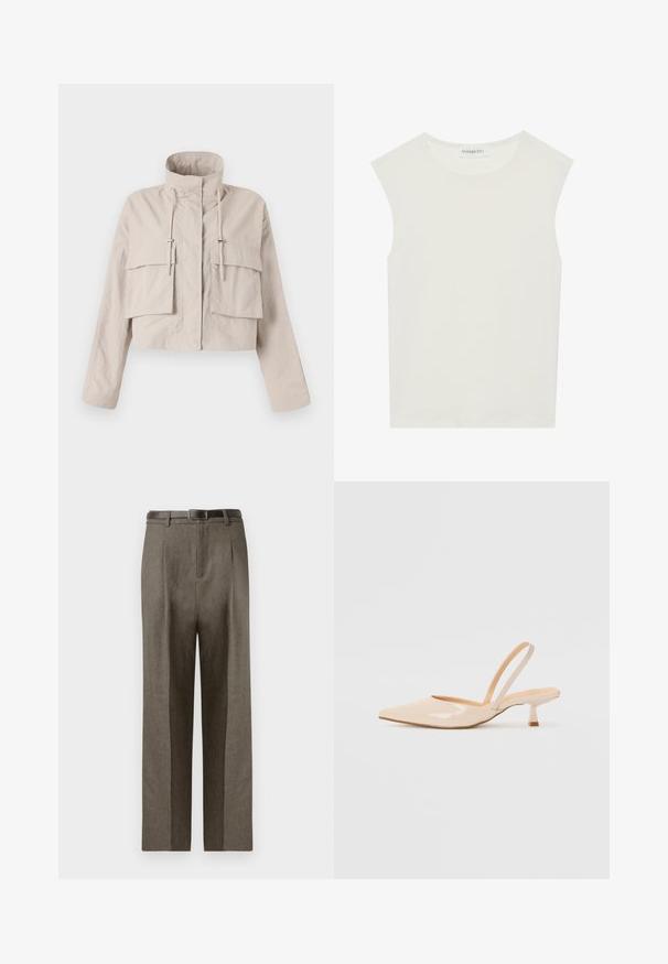 Veste beige raccourcie en tissu léger, dotée d'un col montant, d'un cordon de serrage ajustable et de deux grandes poches à rabat à l'avant.; Haut sans manches blanc avec un col rond. Fabriqué en tissu lisse, il présente une coupe décontractée et un design minimaliste. Pas de motifs ni d'accents.; Pantalons marron ajustés à coupe droite, avec une texture lisse, des passants de ceinture et un design à plat sur le devant.; Escarpins slingback en cuir verni beige avec un bout pointu et un talon carré fin. Texture lisse et design minimaliste sans ornement.