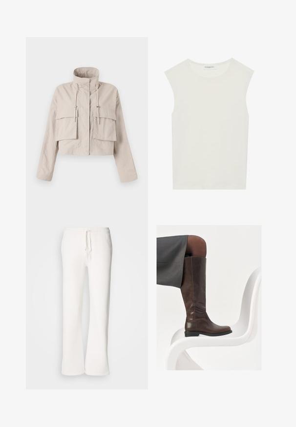 Chaqueta beige corta hecha de una tela liviana, con cuello alzado, cordón ajustable y dos grandes bolsillos con solapa en la parte delantera.; Top blanco sin mangas con escote redondo. Hecho de una tela suave, presenta un corte relajado y un diseño minimalista. Sin patrones ni acentos.; Pantalones de chándal blancos de corte relajado, fabricados en una tela suave, con una cintura elástica y cordón ajustable, y diseño de pierna recta.; Bota de cuero marrón hasta la rodilla con punta redondeada, textura suave y detalles de costura mínimos, situada sobre un fondo claro en una silla blanca.