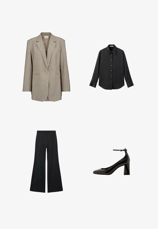 Moves DAIZY - Cappotto corto - humus; Maglietta nera a maniche lunghe in tessuto morbido, con colletto classico, chiusura frontale con bottoni dorati e polsini ampi.; Pantaloni neri a gamba larga con una texture liscia, caratterizzati da pieghe frontali e un design sartoriale. Il tessuto è leggero e fluido.; Décolleté neri in vernice con cinturino alla caviglia, finitura lucida, punta affusolata e tacco a blocco spesso. Texture liscia, dettagli minimi.