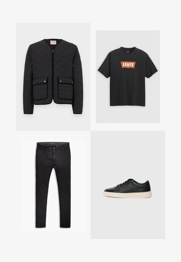 Jachetă neagră matlasată cu fermoar frontal, două buzunare frontale și guler rotund. Prezintă accesorii aurii și o margine contrastantă neagră în jurul buzunarelor.; Tricou din bumbac negru, cu un logo mare portocaliu Levi's pe față, cu mâneci scurte și un guler de tip crew.; Chino negre din bumbac cu o croială ajustată, având cinci buzunare, bucle pentru curea și o textură netedă. Mânecuță cu fermoar și închidere cu nasture.; Sneaker din piele neagră, cu vârf jos, cu șireturi negre și talpă de un alb murdar, prezentat în profil lateral, pe un fundal alb.