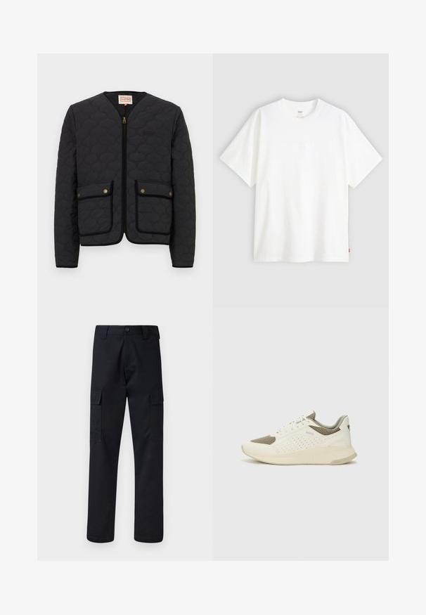 Jachetă neagră matlasată cu fermoar frontal, două buzunare frontale și guler rotund. Prezintă accesorii aurii și o margine contrastantă neagră în jurul buzunarelor.; Tricou alb cu mânecă scurtă, confecționat din bumbac, cu gât rotund. Prezintă un detaliu logo subtil embosat pe față și un etichetă roșie la tiv.; Pantaloni cargo negri, fabricați dintr-un material rezistent, cu un croi dre apt, două buzunare laterale și o închidere cu button la talie.; Tenis sportivi alb și bej deschis, cu un înveliș din plasă, detalii perforate și o talpă intermediară texturată, având marcaj pe călcâi.