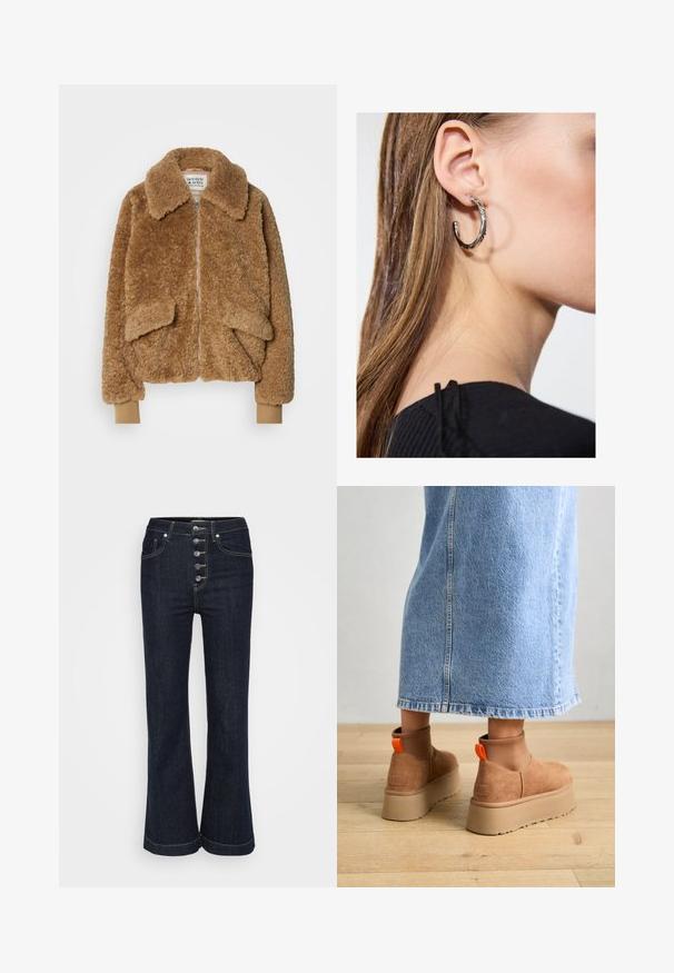 Brown faux fur bomber jacket with a zip closure, large collar, and two front pockets. Ribbed cuffs in a lighter shade.; White cropped sweater made from soft material, featuring a round neckline and long, slightly oversized sleeves with ribbed cuffs.; Dark blue high-waist flare jeans with five silver buttons on the front and contrast stitching around pockets and seams.; Brown suede platform boots with elastic side panels and orange pull tabs, paired with a knee-length light denim skirt on a wooden floor.; Silver hoop earring with a polished finish, featuring small gold accent details and a round shape, worn on the lobe.