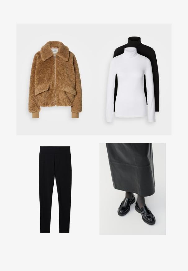 Braune Kunstpelz-Bomberjacke mit einem Reißverschluss, großem Kragen und zwei Fronttaschen. Rippstrickbündchen in einer helleren Nuance.; Zwei langärmelige Rollkragenoberteile, eines weiß und eines schwarz, aus einem glatten, dehnbaren Stoff, beide mit schmalem Schnitt und hohem Kragen.; Schwarze dehnbare Leggings mit einem breiten, weichen Taillenbund, die eine glatte Textur und eine figurbetonte Silhouette aufweisen, geeignet für verschiedene Aktivitäten.; Schwarze Lederloafers mit glatter Oberfläche, verziert mit einem dekorativen Riemen, runder Zehenpartie und texturierten Sohlen. Getragen mit einem langen schwarzen Lederrock.