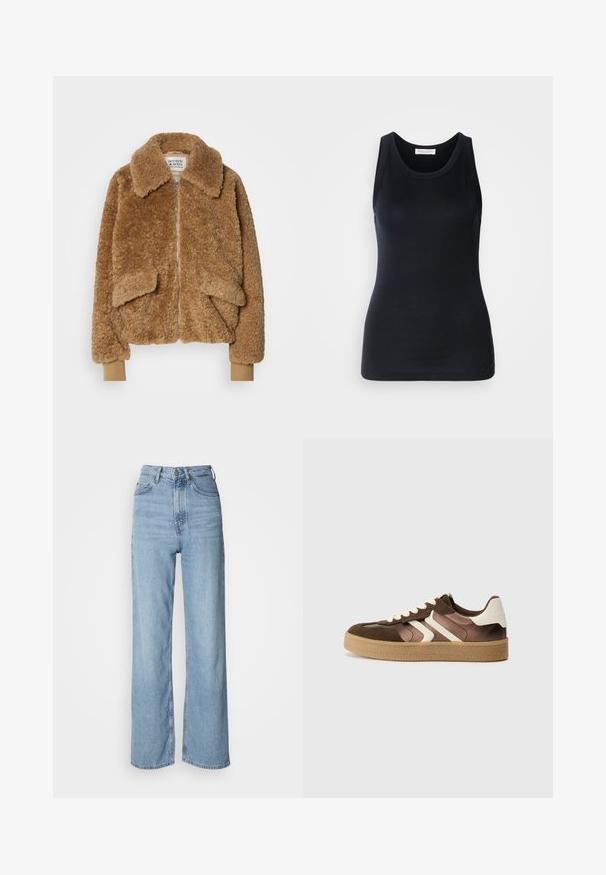 Veste bomber en fausse fourrure marron avec une fermeture éclair, un grand col et deux poches à l'avant. Manchons côtelés dans une teinte plus claire.; Débardeur noir en tissu doux et extensible. Il dispose d'un col rond et de larges bretelles, avec une silhouette ajustée et une texture lisse.; Jean taille haute bleu clair avec une jambe droite, en denim, présentant une fermeture à bouton sur le devant et des détails de décoloration subtils.; Baskets marron et crème en combinaison de daim et de satin, avec trois bandes diagonales et une semelle en gomme texturée.