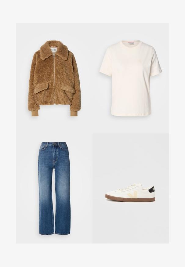 Smeđa jakna od umjetnog krzna s patentnim zatvaračem, velikim ovratnikom i dva prednja džepa. Rukavi s rebrastim završetkom u svjetlijoj nijansi.; Majica od pamuka krem boje, kratkih rukava, s okruglim izrezom i suptilnim reljefnim logotipom na prednjoj strani. Glatka tekstura, opušteni kroj.; Jeans od plavog denima visokog struka širokih nogavica s gradijentnim pranjem, bakrenim šavovima, zatvaranjem na gumbe sprijeda i pet džepova.; Bijeli tenisice od glatkog sintetičkog materijala, s bež V logom, svijetlosmešanim gumiranim đonom i crnim naglascima na peti.