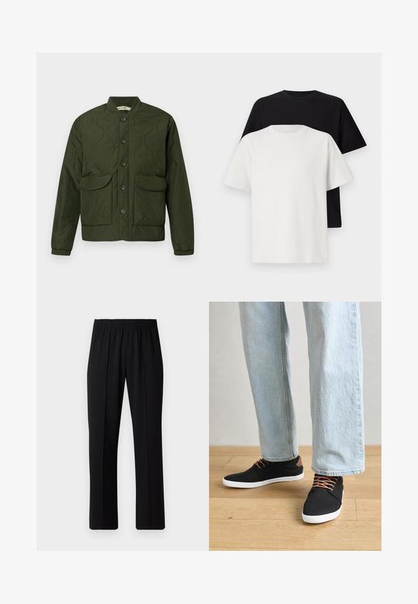 Roheline tikitud jakk nööpidega esiosas, kahe suuri klapiga taskut, soonikkoes varrukad ja ümar kaelus. Tekstuuriga muster üle kogu.; Puuvillane t-särkide komplekt, mis sisaldab musta ja valget särk, mõlemad lühikeste varrukatega, ümmarguse kaelusega ja standardse lõikega. Tekstuuriga kangas.; Mustad, elastse puusärgid sirge säärega, mis on sileda tekstuuriga ja ilma nähtavate mustrite või riistadega.; Mustad musta kangast tossud pruunide aktsentide, valge kummitaldade ja pruunide paeltega, koos helesiniste sirgete jalgade teksadega. Puidust põranda taust.