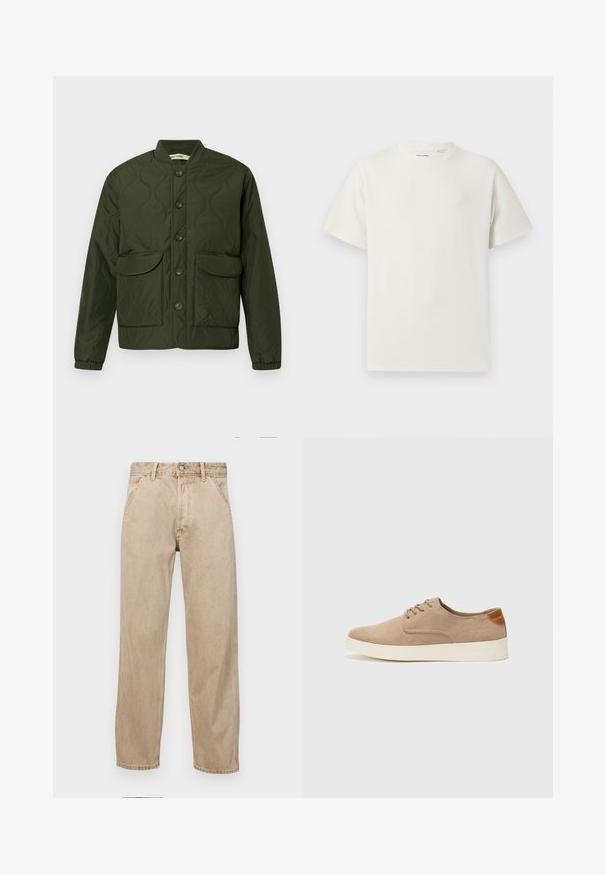 Giacca trapuntata verde con chiusura a bottoni, due ampie tasche a patta, polsini a coste e colletto arrotondato. Motivo a trama in tutto il capo.; T-shirt bianca a maniche corte in texture a coste. Girocollo, vestibilità rilassata, senza modelli o accenti visibili. Design semplice e versatile.; Jeans in denim beige con un design a gamba dritta, dotati di tasche frontali, chiusura con bottone metallico e una texture delicata.; Sneaker in suede beige con punta arrotondata, stringhe davanti e un accento testurizzato sul retro. La suola in gomma bianca offre un contrasto. Design semplice e moderno.