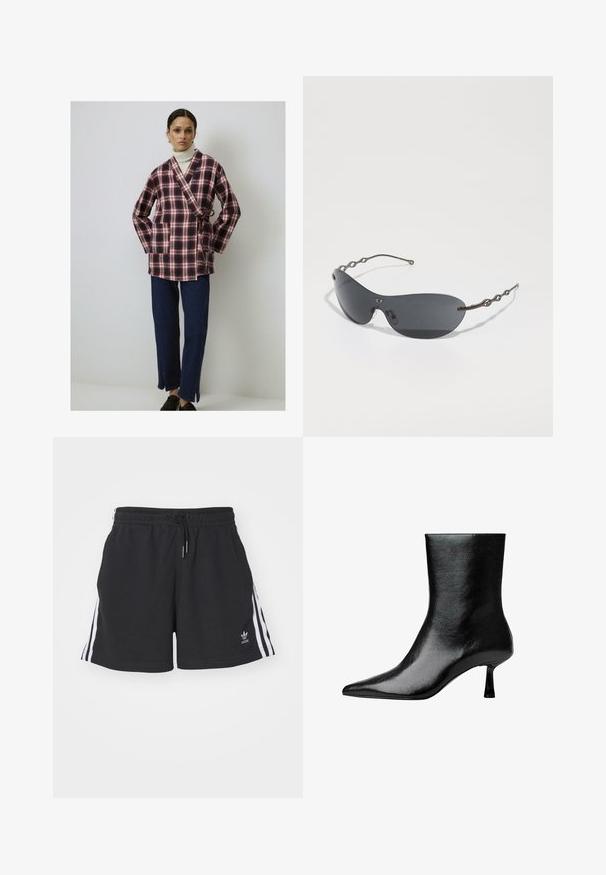 Ruudullinen, punainen ja tummansininen kietaisutakki pehmeässä kankaassa, jossa on pitkät hihat ja vyötä ympärillä. Yhdistetty tummiin farkkuihin ja mustiin kenkiin.; Valkoinen pitkähiha shirt, jossa on jämäkkä kaulus ja musta solmio, pehmeästä puuvillasta valmistettu, nappikiinnitys edessä.; Mustat urheilushortsit, jotka on valmistettu puuvillasekoitteesta. Shortsien sivuilla on valkoiset raidat, vyötäröllä on joustava vyötärönauha ja kiristysnauha, ja helman kohdalla on pieni logo.; Musta nilkkuri kiiltävästä nahasta, jossa on terävä kärki ja kapea korko, sekä sileä pinta ja minimalistinen muotoilu.; Aurinkolasit, joissa on tummanharmaat linssit, kiiltävä käyrä muoto ja erottuvat aaltoilevat metallivarret. Pintakäsittely on sileä ja siinä on hienovarainen matta viimeistely.; Musta nahkalaukku, jossa on punotut kahvat, teksturoitu pinta, vetoketjullinen etutasku ja koristeelliset fringes-akoristeet. Kompakti ja jämäkkä muoto.