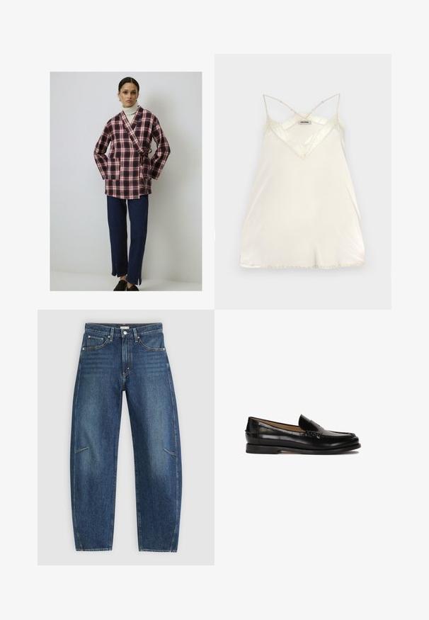 Ruud punane ja tumesinine pliiatsiga mähkimisk jacket pehmest kangast, millel on pikad varrukad ja küljes side. Kokku sobitatud tumedate denim-pükstega ja mustade kingadega.; Hele kreemjas kampsun, millel on reguleeritavad õhukesed rihmad, V-kujuline kaelus ning pitsaktsentidega kaeluse ja serva juures, et lisada detaili.; Tumedat sinised teksad sirge jala disainiga, millel on esikotid, kontrastõmblused ja jalgadel peenelt pleekinud tekstuur.; Must siin mustad nahast loaferid ümarate varvastega, libisemisega mudel ja peened õmblused peal. Lame kummist tall.