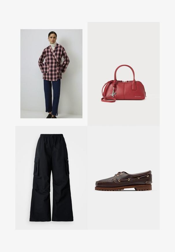 Kockás, piros és sötétkék átkötős kabát puha anyagból, hosszú ujakkal és deréknál megkötővel. Sötét farmernadrággal és fekete cipővel párosítva.; Fehér, rövid ujjú, pamut póló. Kerek nyakkivágással, sima dizájnnal és logó címkével a nyaknál. Simaság jellemzi.; Fekete cargo nadrág széles szabással, gumis derékkal, állítható zsinórral és két oldalsó zsebbel. Simább, könnyű anyagból készült.; Barna bőr csónakcipő arany fémlyukakkal, kerek fűzőkkel és texturált barna gumitalppal. Díszített varrásokkal és kiemelkedő logóval rendelkezik.; Piros bőr kézitáska dupla füllel, ezüst Armani Exchange logóval és levehető vállpánttal, sima fehér háttér előtt.; Aranyszínű nyaklánc finom lánccal, amelyen egy felfüggesztett medál található kör alakú mintával és csillogó díszítésekkel. Állítható kapocs részlet.