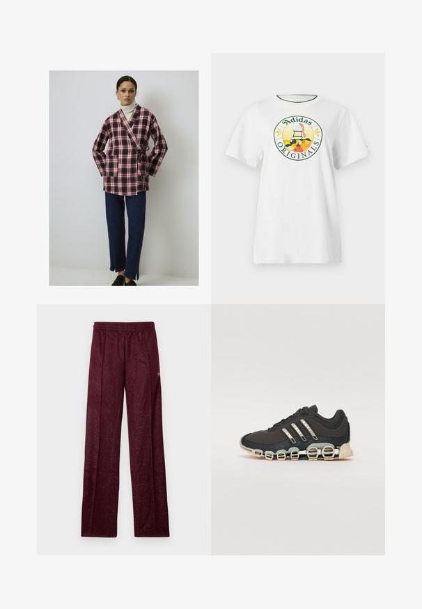 Kockás, piros és sötétkék átkötős kabát puha anyagból, hosszú ujakkal és deréknál megkötővel. Sötét farmernadrággal és fekete cipővel párosítva.; Fehér pamut póló rövid ujjakkal, kerek grafikus logóval zöld és sárga színben, amelyen az "Adidas Originals" felirat és gyümölcs minták láthatók.; Burgundy színű sportnadrág, texturált anyagból készült, rugalmas derékrésszel és oldalsó varrással a egyenes lábférfi fazonban.; Fekete sportcipő texturált felsőrésszel, három ezüst csíkkal, és egy jellegzetes párnázott talppal, amely több integrált szakaszból áll.