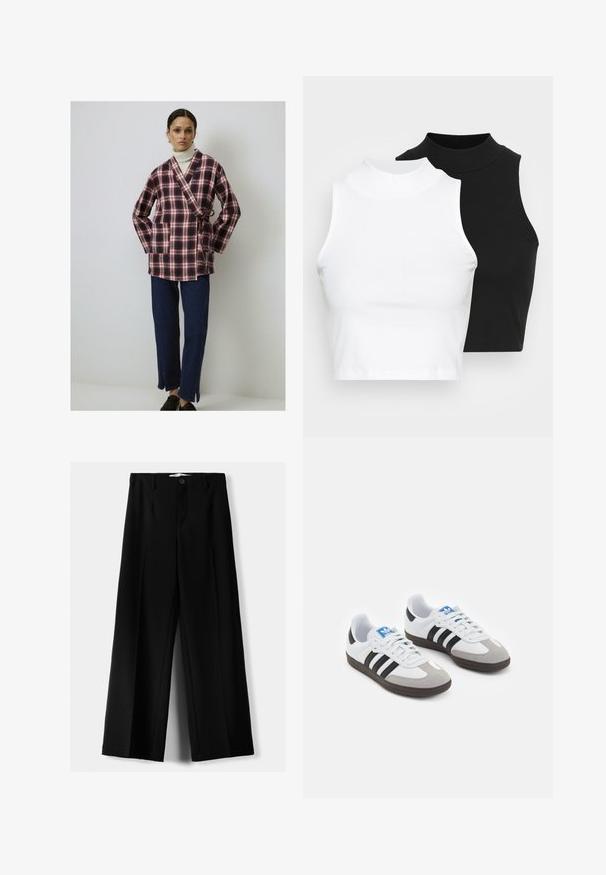Jachetă în carouri, roșie și bleumarin, confecționată dintr-un material moale, cu mâneci lungi și o legătură la talie. Asortată cu pantaloni din denim închis și pantofi negri.; Două bluze fără mâneci, cu guler înalt, în culorile negru și alb, având un design ajustat și o textură netedă, cu o lungime scurtă.; Pantaloni negri cu picior larg, fabricați dintr-un material ușor, cu închidere frontală cu nasture și față plată, având tivuri cusute cu atenție.; Încălțăminte sport cu un superior din piele albă, vârf din suede gri și trei dungi negre. Prezintă un logo albastru pe limbă și o talpă din cauciuc texturat.