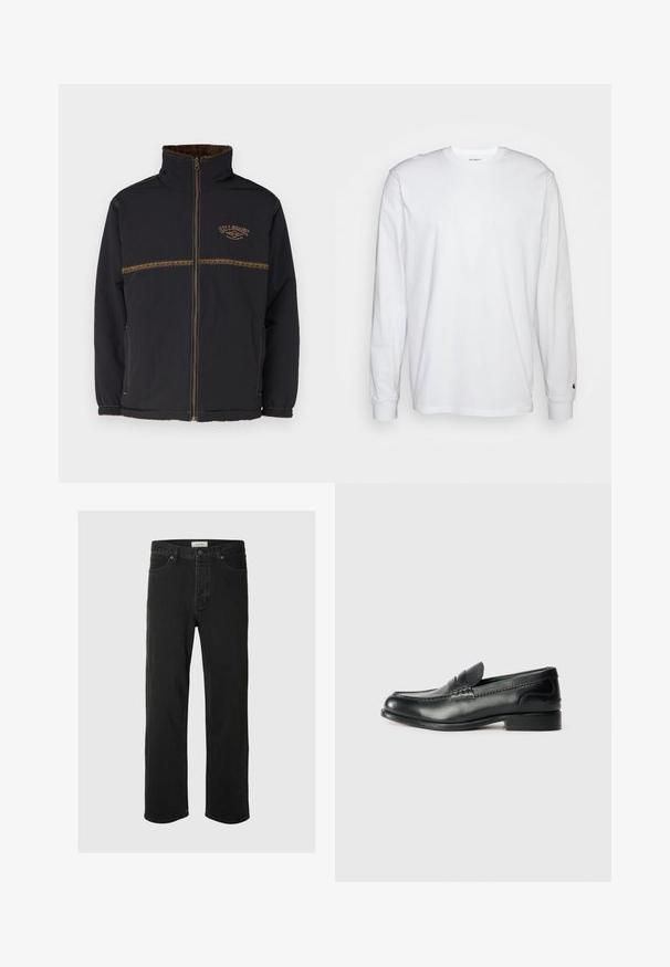 Billabong GNARALOO JACKET - Παρκά - stealth; Λευκό μπλουζάκι με μακριά μανίκια από βαμβάκι. Σχέδιο crew neck με ριμπ μανίκια και μικρό λογότυπο στο αριστερό μανίκι. Λείος υφάνσεις.; Μαύρο τζιν παντελόνι σε ίσια γραμμή με κλασικό σχέδιο πέντε τσεπών, κούμπωμα με κουμπί, ελάχιστη ραφή και μαλακή υφή.; Μαύρα δερμάτινα μοκασίνια με μαλακή υφή, ραμμένες λεπτομέρειες στη βεντάλια και ελαφρώς ανυψωμένη φτέρνα.