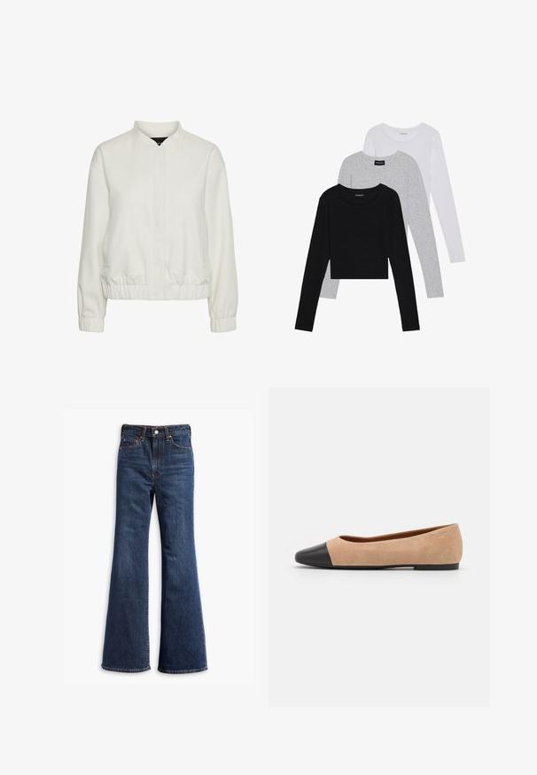 Lekki biały bomber jacket z kołnierzem stójkowym, elastycznymi mankietami i dołem, z dwoma przednimi kieszeniami i teksturowanym materiałem.; Trzy bluzki z długim rękawem ułożone jedna na drugiej: czarna, szara i biała. Każda z okrągłym dekoltem i skróconym fasonem, wykonana z gładkiego, lekkiego materiału.; Jeansy z wysokim stanem w ciemnoniebieskim kolorze, z rozszerzanymi nogawkami, zapinane na guzik i zamek, z pięcioma kieszeniami.; Beżowe zamszowe baleriny z czarnym skórzanym okrągłym noskiem, niskim obcasem i gładką teksturą, charakteryzujące się minimalnym przeszyciem i prostym designem.